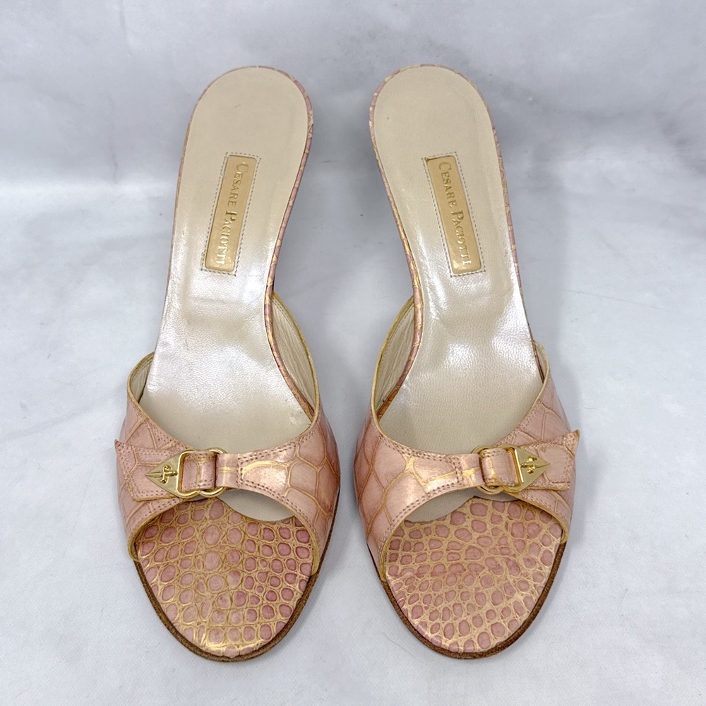 Cesare Paciotti Vintage Y2K Dagger Metallic Croc Slide Mule Sandal Heels Pink 38